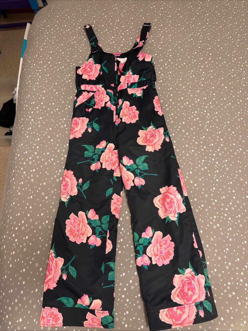 Obermeyer Girls Size 8 pink floral snowverals, snow bibs